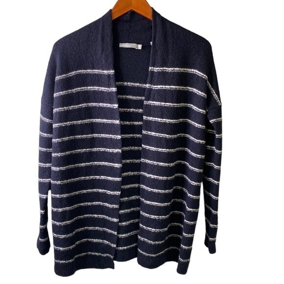Vince Wool Blend Navy & White Stripe Open Front Cardigan Sweater Long Sleeves - Picture 2 of 14